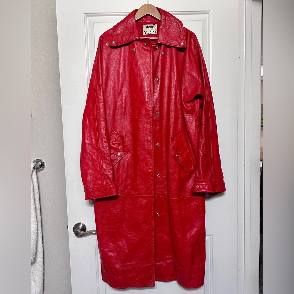 Acne Studios red leather snap button trench size L